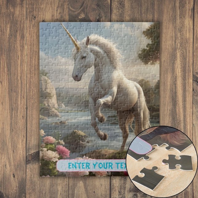 Personalisierter Stream der Blume Puzzle (Personalized White Unicorn Flower Stream Jigsaw Puzzle)