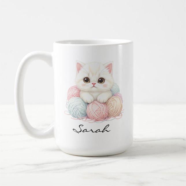 Personalisierter Strickkätzchen-Kaffeebecher Kaffeetasse (Links)