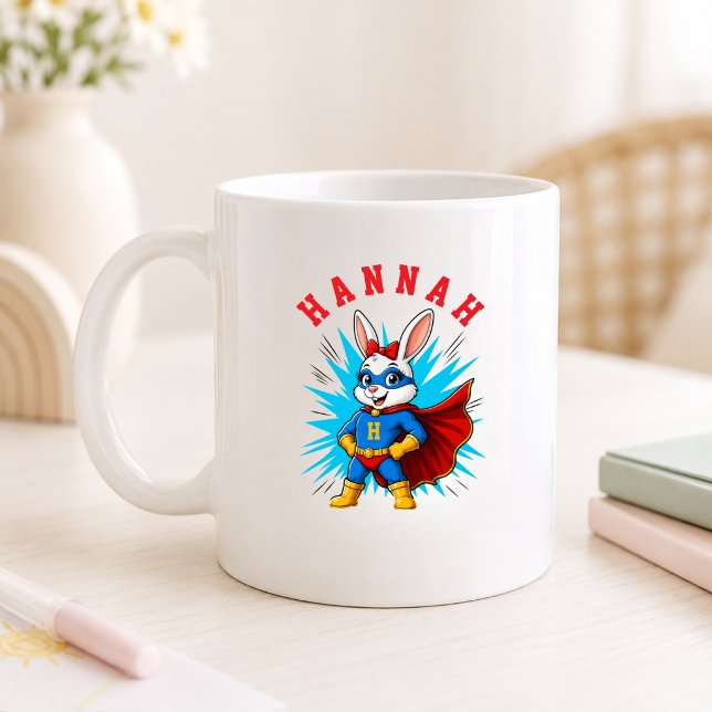 Personalisierter Superhelden-Hasenmädchen-Name & I Kaffeetasse (Personalized Superhero Bunny Girl Name & Initial Coffee Mug)