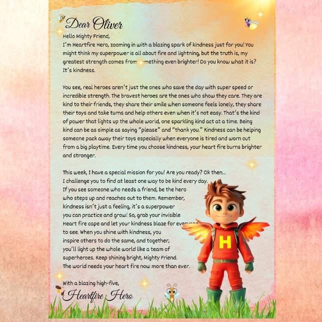 Personalisierter Superhero-Kindness-Brief druckbar Einladung (Heartfire Hero Superhero Letter for Kids – Kindness Mission Printable)