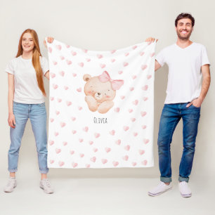 Personalisierter süßer Bär mit rosa Herzen Fleecedecke