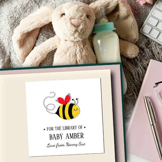 Personalisierter süßer Bienen-Buchrücken-Aufkleber Quadratischer Aufkleber (Von Creator hochgeladen)