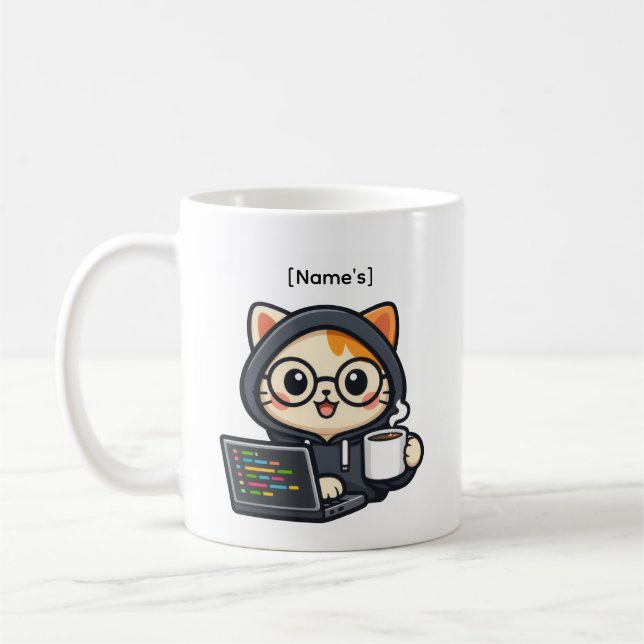 Personalisierter süßer Coder-Katze-Kaffeebecher Kaffeetasse (Links)