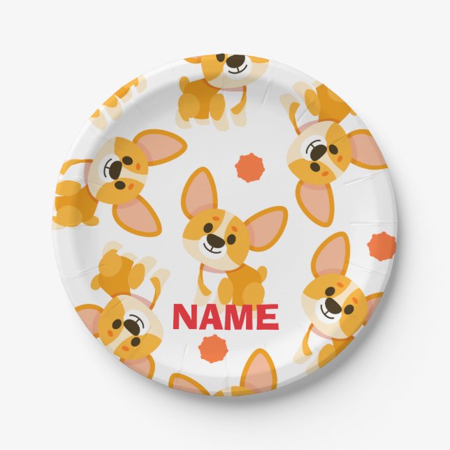 Personalisierter süßer Corgi Geburtstag Pappteller (Vorderseite)