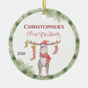 Personalisierter süßer Elch Baby erstes Weihnachte Keramik Ornament