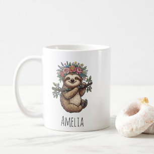 Personalisierter süßer floraler Faultier mit Blume Kaffeetasse