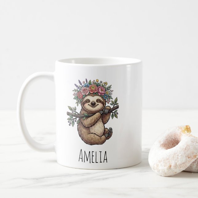 Personalisierter süßer floraler Faultier mit Blume Kaffeetasse (Mit Donut)