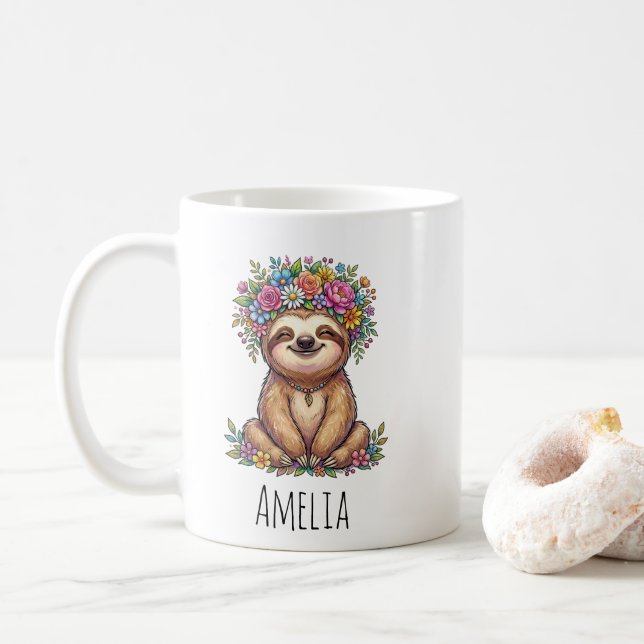 Personalisierter süßer floraler Faultier mit Blume Kaffeetasse (Mit Donut)