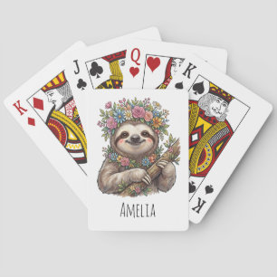 Personalisierter süßer floraler Faultier mit Blume Spielkarten