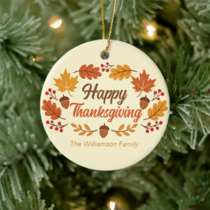 Personalisierter süßer Happy-Thanksgiving-Blattkra Keramik Ornament