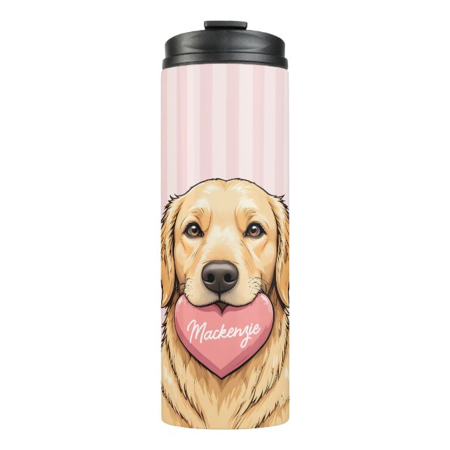 Personalisierter süßer Hund mit rosa Herz Thermosbecher (Vorderseite)