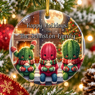 Personalisierter süßer Kaktus-Familien-Weihnachtss Keramik Ornament