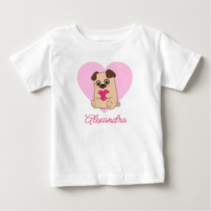 Personalisierter süßer Kawaii-Rosa-Herz-Pug-Name Baby T-shirt