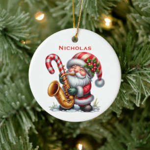 Personalisierter süßer Santa-Gnom, der Saxophon sp Keramik Ornament