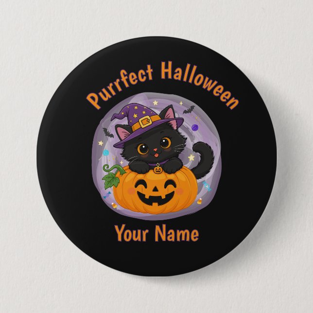 Personalisierter süßer schwarzer Halloween-Katzen- Button (Vorderseite)