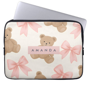 Personalisierter Süßer Teddybär und Rosa Schleifen Laptopschutzhülle