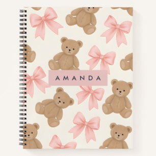 Personalisierter süßer Teddybär und rosa Schleifen Notizbuch