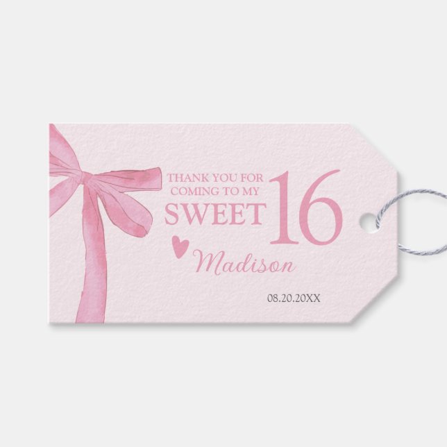Personalisierter Sweet 16 Geburtstag Coquette Rosa Geschenkanhänger (Vorderseite (Horizontal))