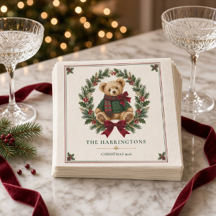 Personalisierter Tartan-Teddybär-Wappen-Weihnachte Serviette