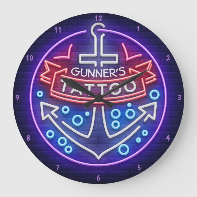 Personalisierter Tattoo Shop Nautic Neon Style Große Wanduhr (Vorderseite)