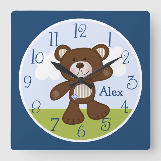 Personalisierter Teddy Bär Kinderuhr Quadratische Wanduhr (Vorderseite)