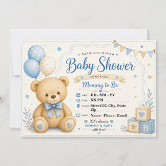 Personalisierter Teddybär-Baby-Shower Blau Beige Einladung