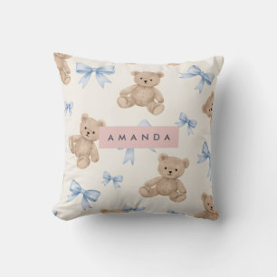 Personalisierter Teddybär & Blaues Schleifenmuster Kissen