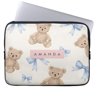 Personalisierter Teddybär & Blaues Schleifenmuster Laptopschutzhülle