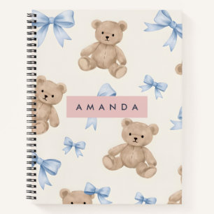 Personalisierter Teddybär & Blaues Schleifenmuster Notizbuch