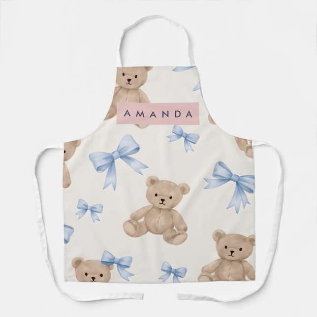 Personalisierter Teddybär & Blaues Schleifenmuster Schürze (Vorderseite)