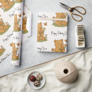 Personalisierter Teddybär mit Blumen - Geburtstag Geschenkpapier