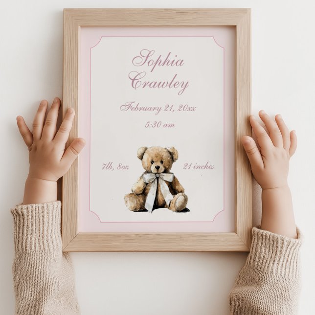 Personalisierter Teddybär Rosa Geburtsinfo-Poster Poster (teddy bear birth poster, pink nursery wall art, baby girl birth print, personalized baby poster, new)