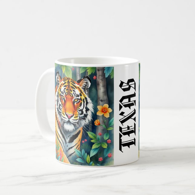 Personalisierter Texas-Wildtiger-Aquarellwald Kaffeetasse (Vorderseite Links)