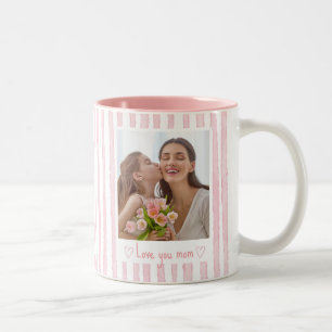 Personalisierter Text Foto Rosa Streifen Coquette Zweifarbige Tasse