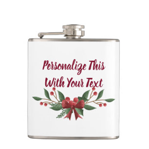 Personalisierter Text Holly und Beeren Weihnachten Flachmann