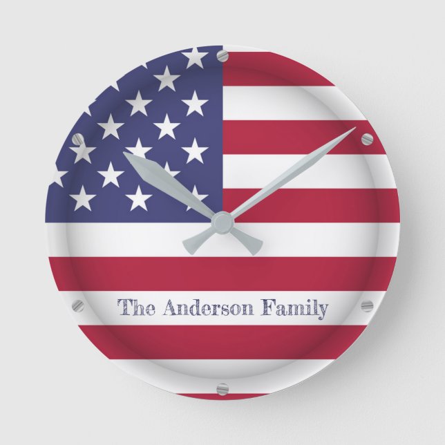 Personalisierter TEXT USA Proof American Flag Coun Runde Wanduhr (Vorderseite)