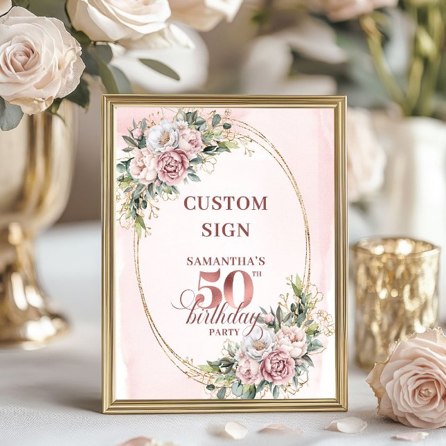 Personalisierter Träumerischer Rosafarben Floral 5 Poster (Personalized Dreamy Blush Floral 50th Birthday 8x10 Sign)