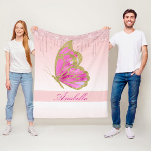 Personalisierter tropfender Glitter-Rosa-Schmetter Fleecedecke