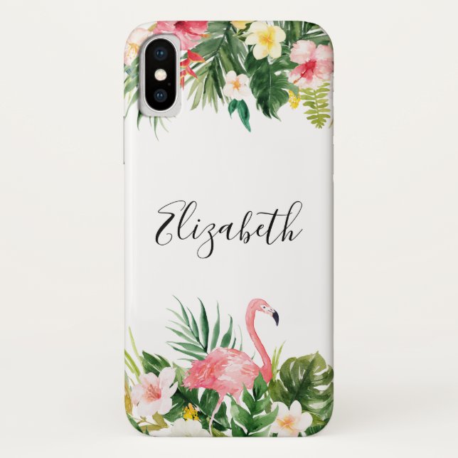 Personalisierter tropischer Blumenflamingo Case-Mate iPhone Hülle (Rückseite)