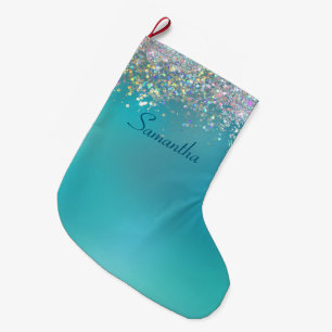 Personalisierter Türkis Ombre Holografischer Glitt Großer Weihnachtsstrumpf