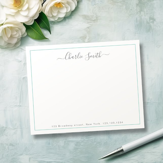 Personalisierter türkisfarbener Rand Mitteilungskarte (Simple script turquoise border personalized note card)