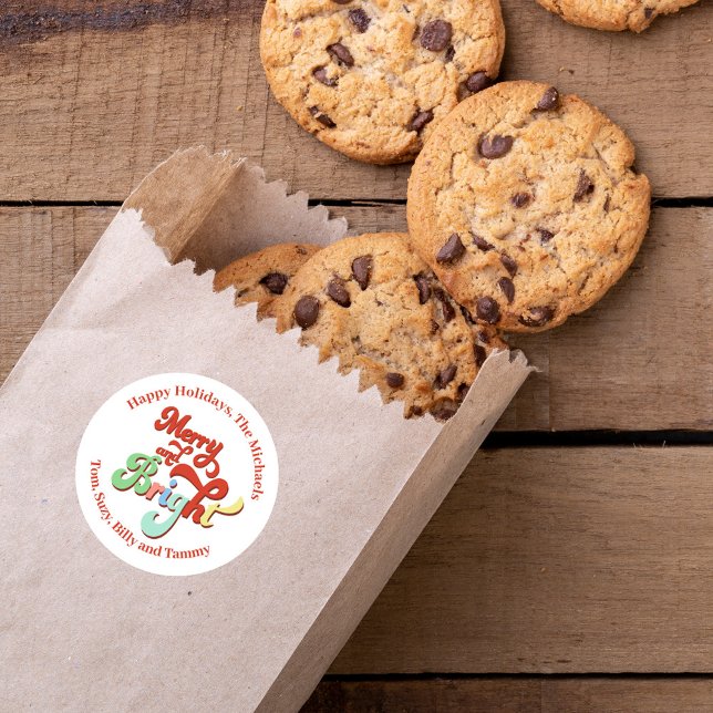 Personalisierter und heller Retro-Urlaub Runder Aufkleber (Merry and Bright custom personalized gift stickers. )