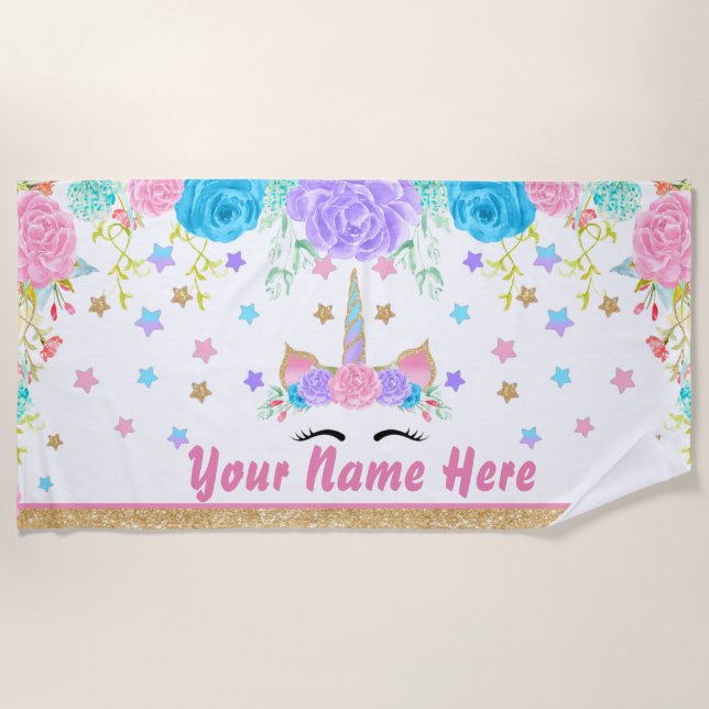Personalisierter Unicorn-BadetuchblumenWatercolor Strandtuch (Vorderseite)