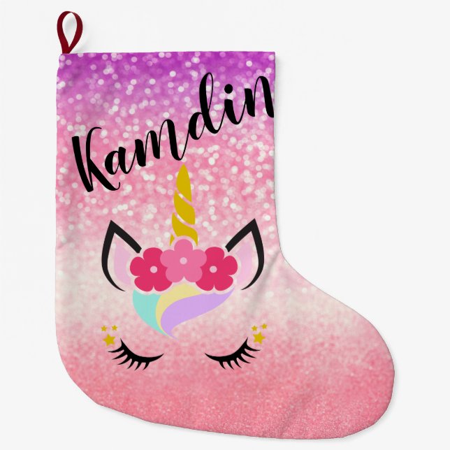 Personalisierter Unicorn Ombre Glitzer-Strumpf Großer Weihnachtsstrumpf (Vorderseite)