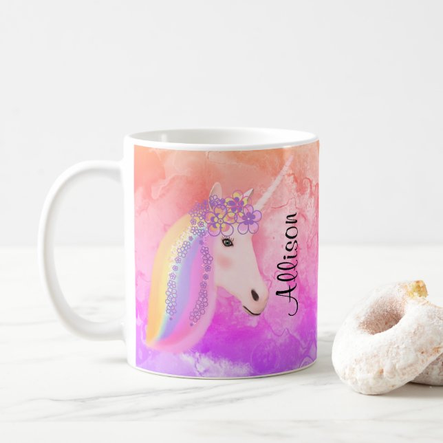 Personalisierter Unicorn-Regenbogen bunt Kaffeetasse (Mit Donut)