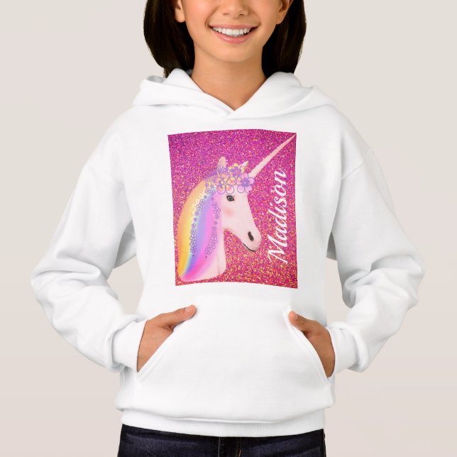 Personalisierter Unicorn Regenbogen Rosa Glitzer G Hoodie (Vorderseite)