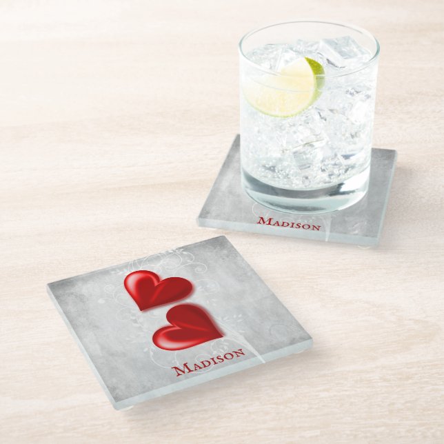 Personalisierter Untersetzer aus Rotkehlglas (Schrägansicht)