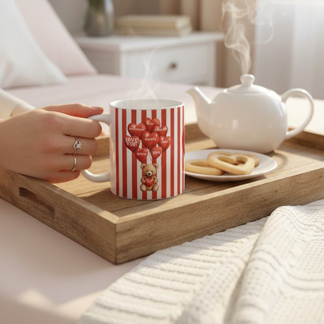 personalisierter Valentinstag roter gestreifter Bä Kaffeetasse (Von Creator hochgeladen)