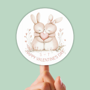Personalisierter Valentinstag Süßes Kaninchen-Paar Runder Aufkleber