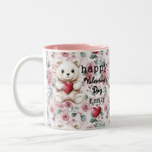 Personalisierter Valentinstag Teddybär und Rose Zweifarbige Tasse